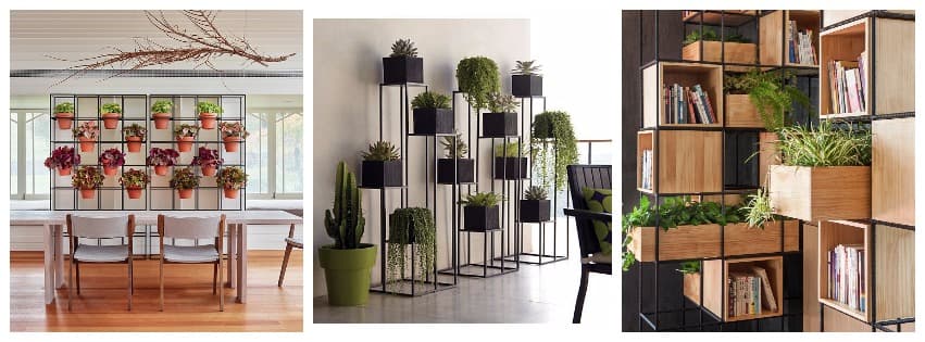Three indoor vertical gardens, a potted wall, a tiered plant stand and planted box shelving