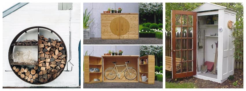 Clever garden storage, a circular firewood store, a timber cabinet and a repurposed-door tool shed