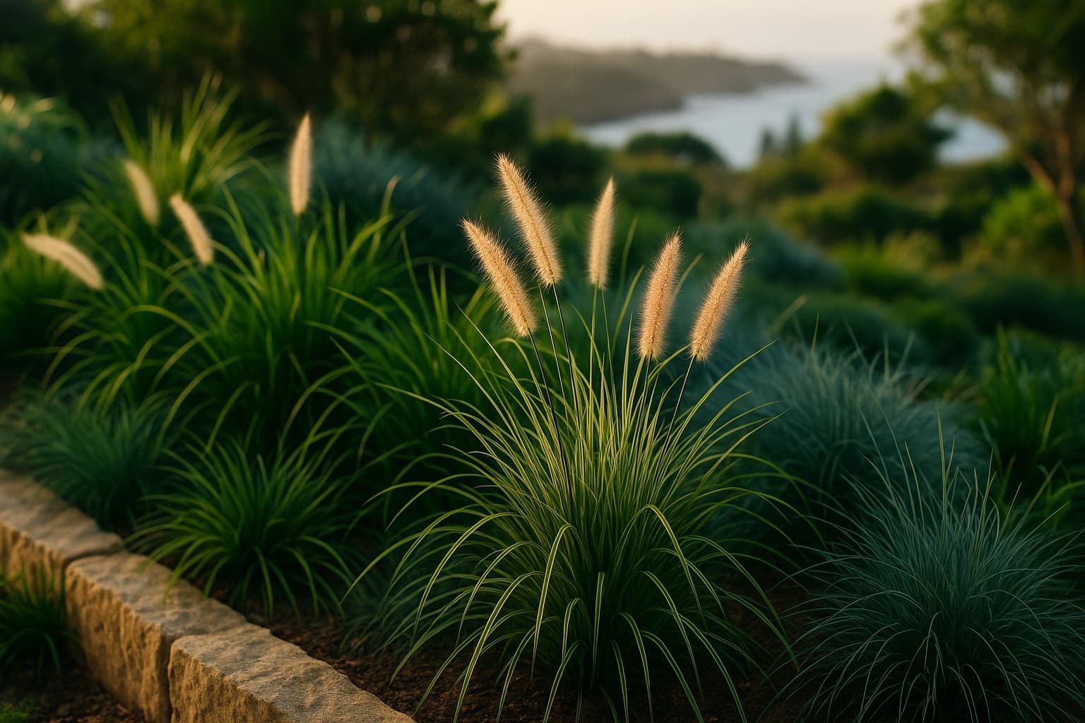 Ornamental grasses with feathery seed heads in a layered coastal garden bed beside a sandstone wall, with a harbour view at dusk