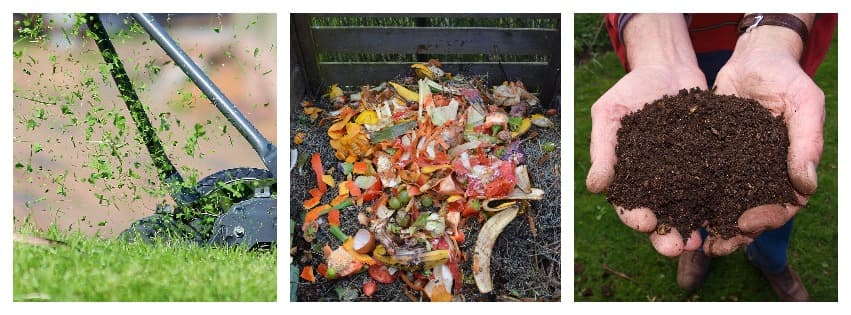 Grass clippings, kitchen scraps and finished compost held in two hands