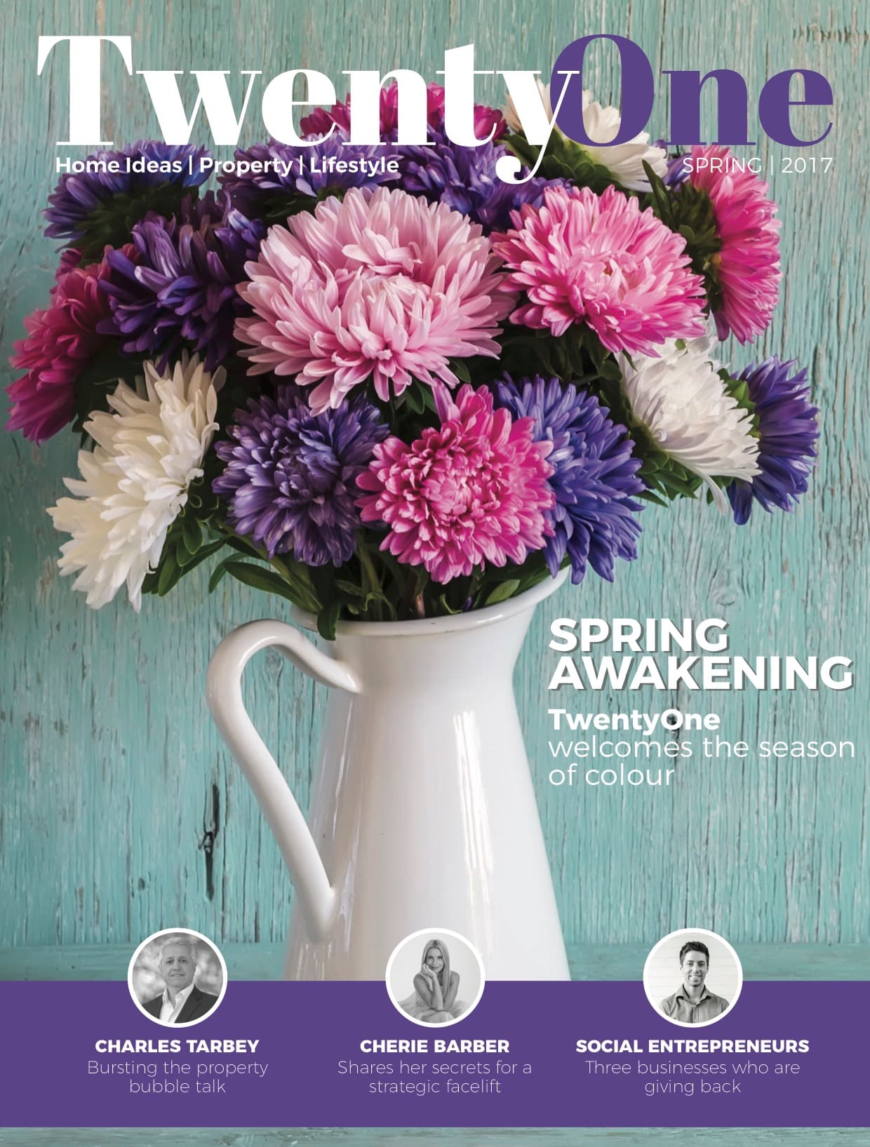 Cover of TwentyOne magazine, Spring 2017, with a vase of spring flowers