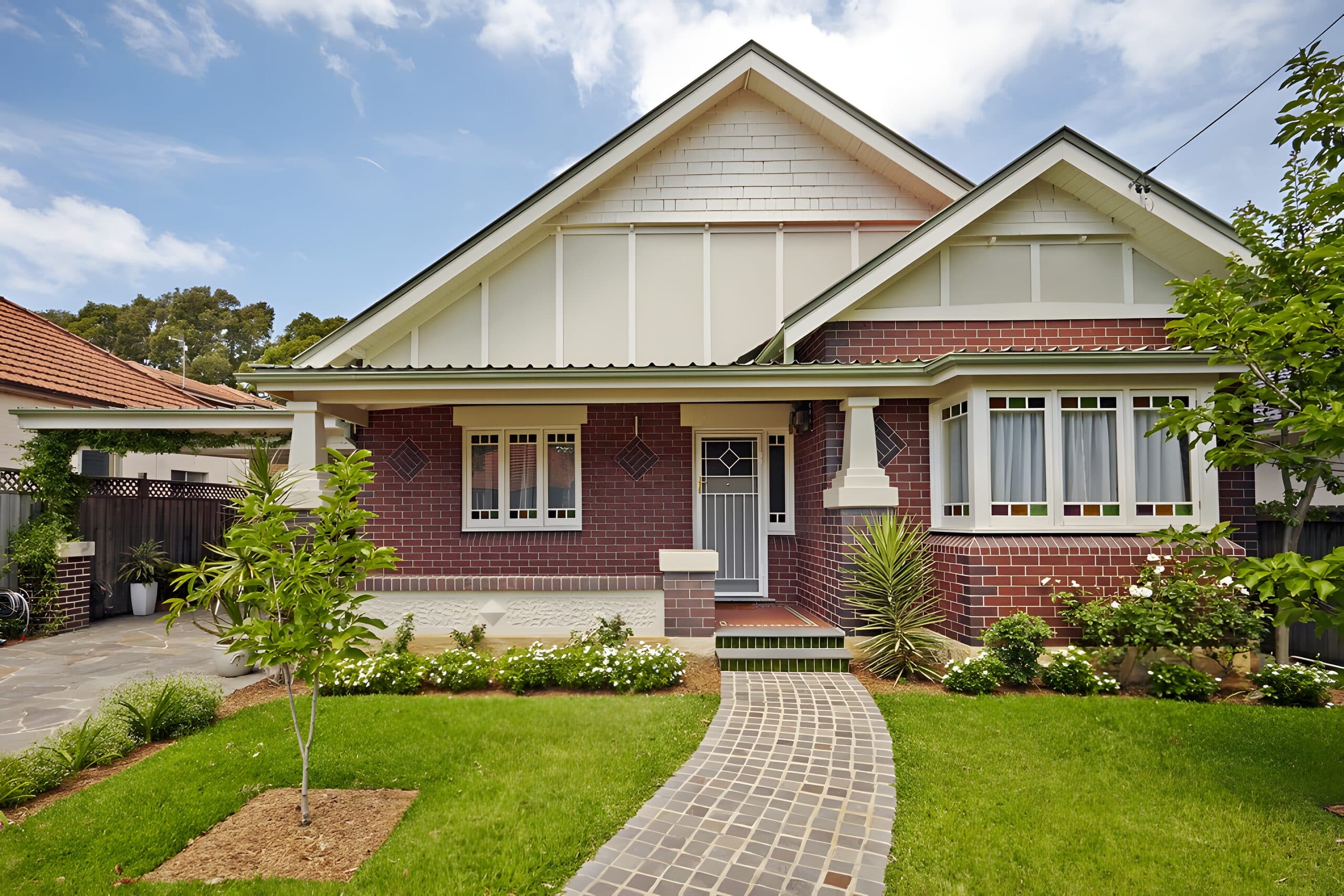 Front of the brick bungalow with a young tree on the lawn and a brick path to the porch
