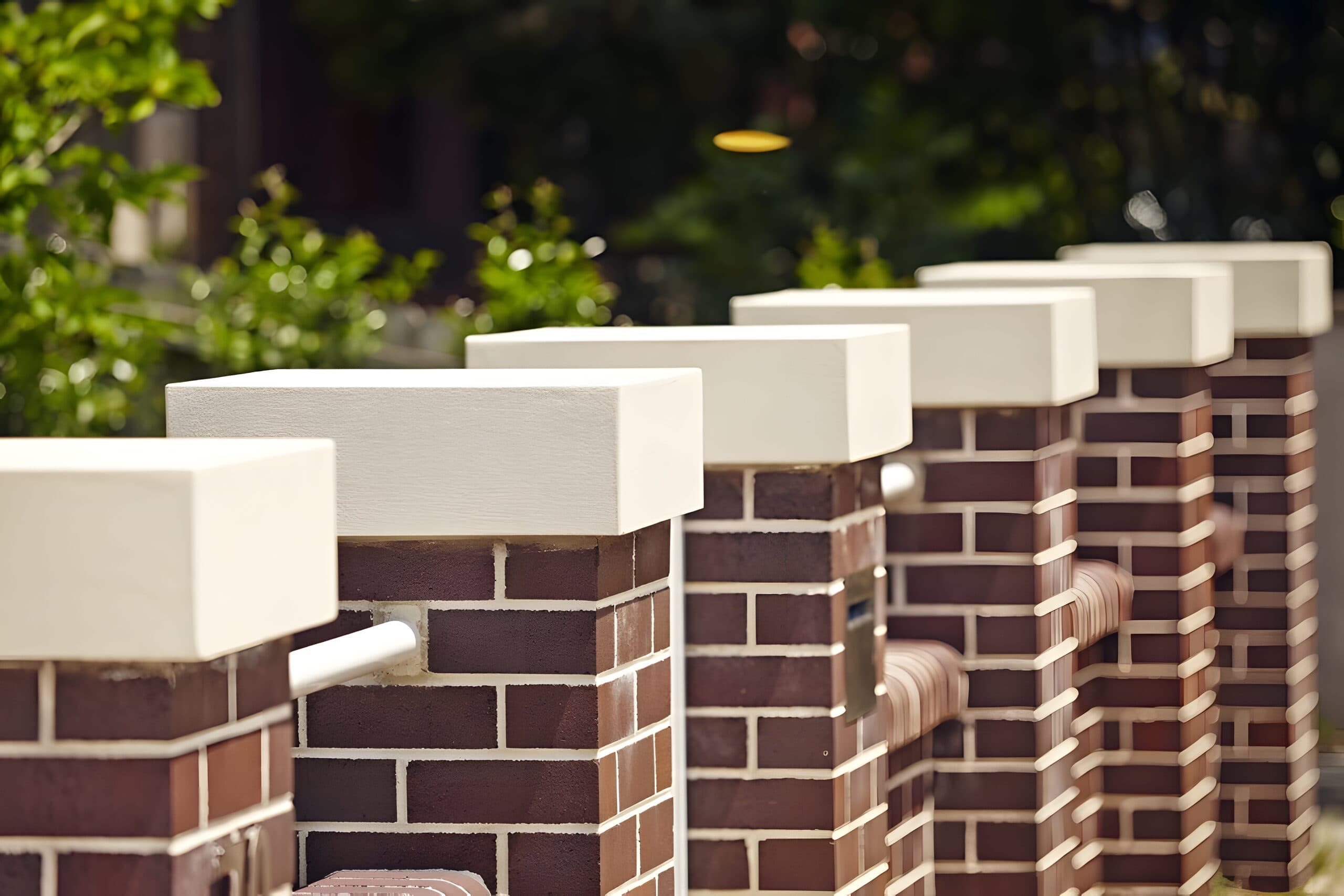 Rendered caps topping a receding row of red-brick piers along the front fence