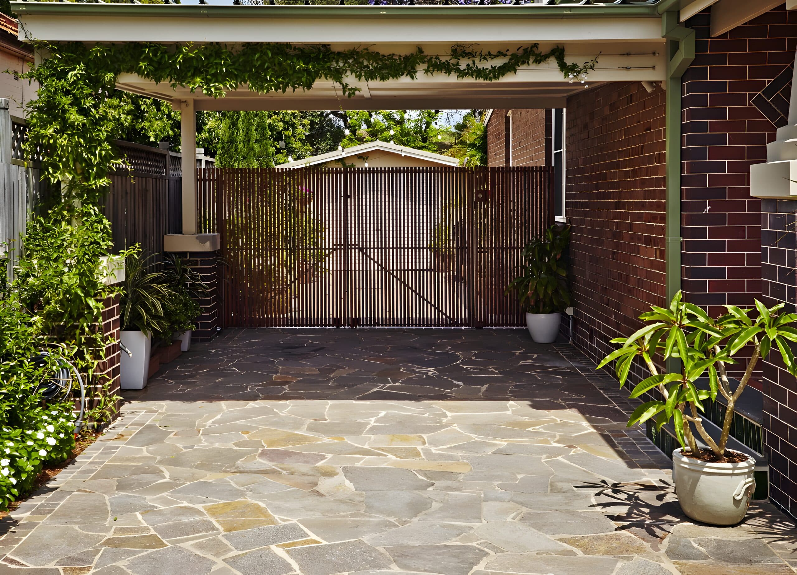 Side courtyard of crazy paving beneath a vine-covered carport with a timber slat gate and potted greenery