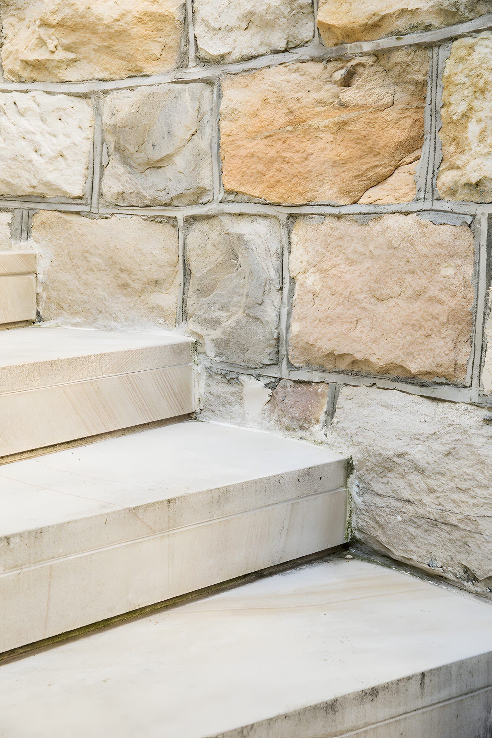 Close view of pale sandstone steps meeting a rough cut stone retaining wall
