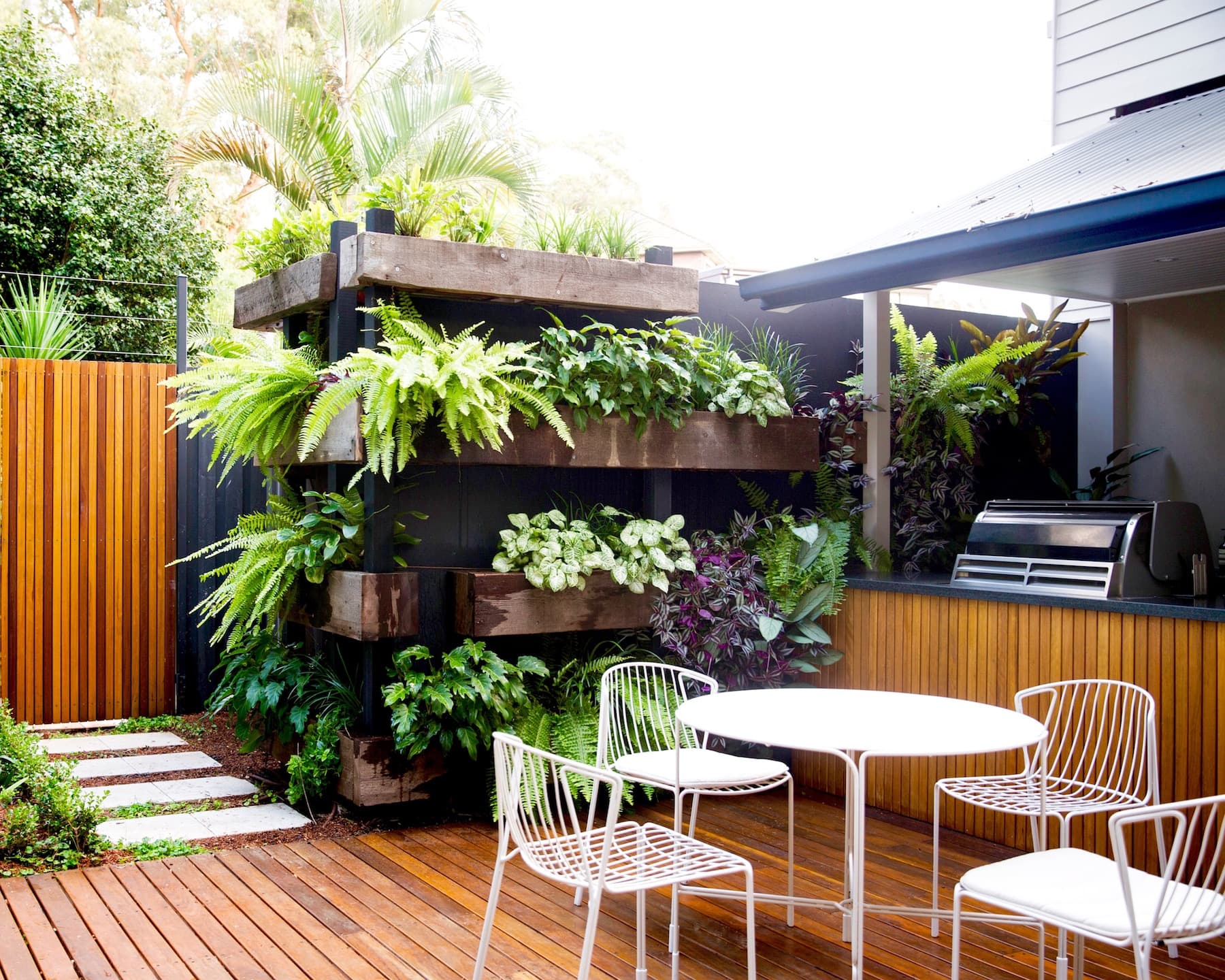 Living wall of ferns beside a white outdoor dining setting on timber decking near a built in barbecue