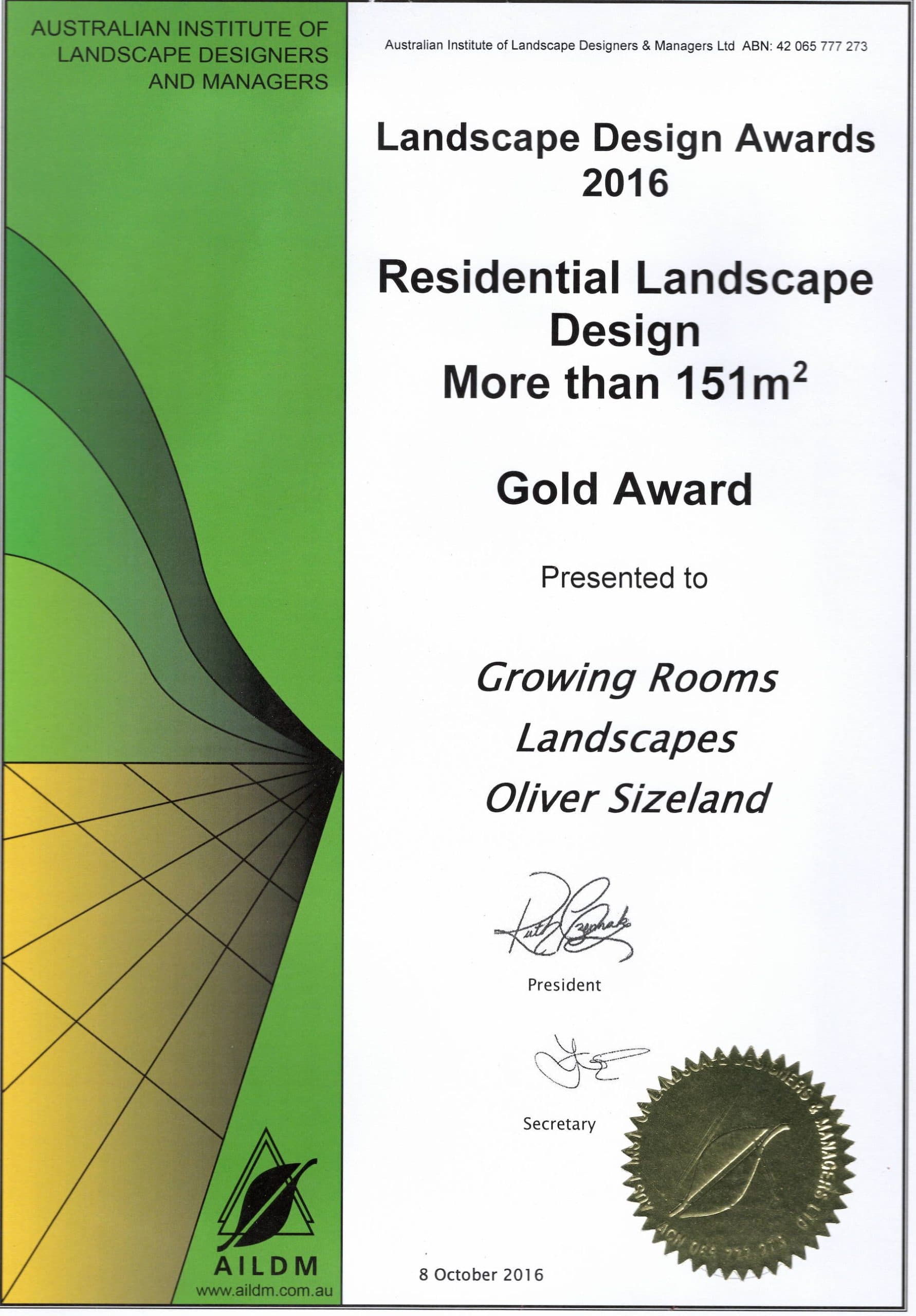 Gold residential landscape design award certificate presented to Growing Rooms Landscapes in 2016