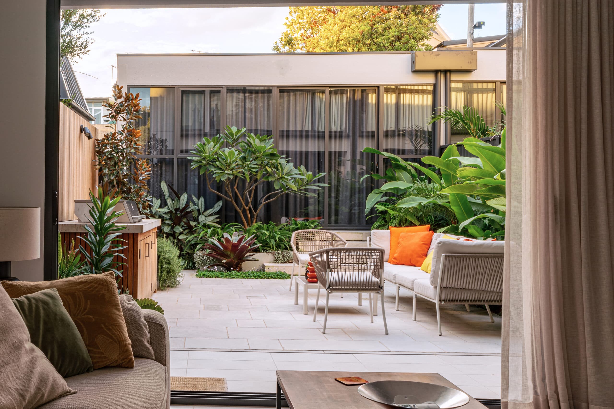 Outdoor lounge and Blackbutt kitchen set within a lush Newtown courtyard.