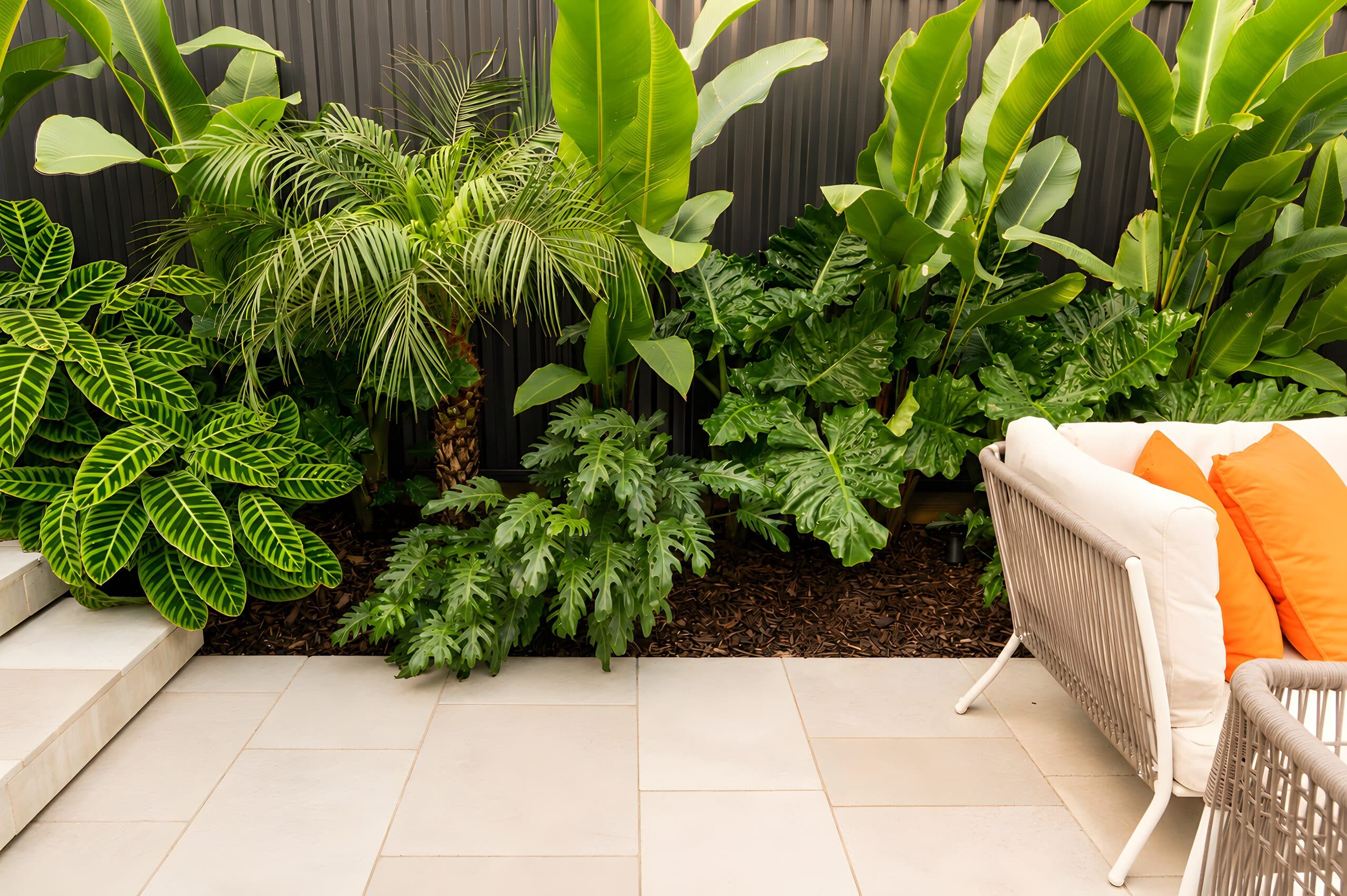 Layered subtropical planting beside the courtyard seating area.