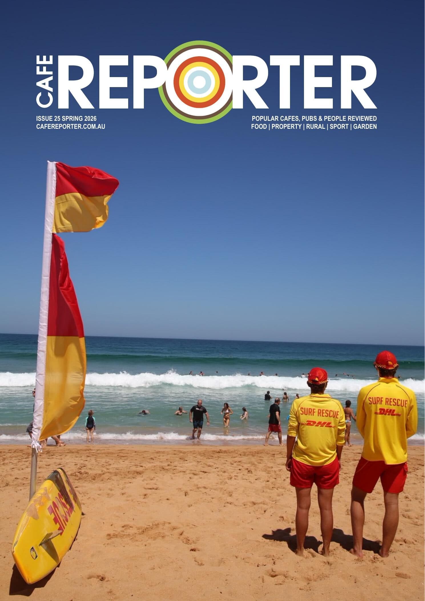 Cafe Reporter Issue 25, Spring 2026 cover featuring surf lifesavers on a Sydney beach