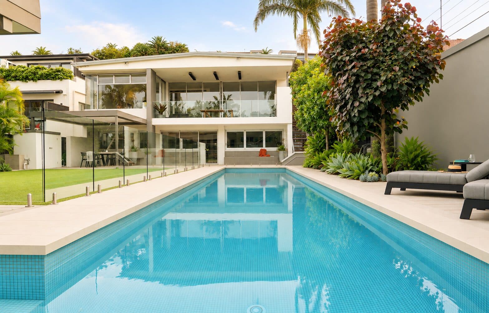 Long swimming pool with glass fencing, lawn and layered boundary planting