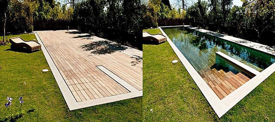 A timber deck that slides back to reveal a hidden lap pool and steps