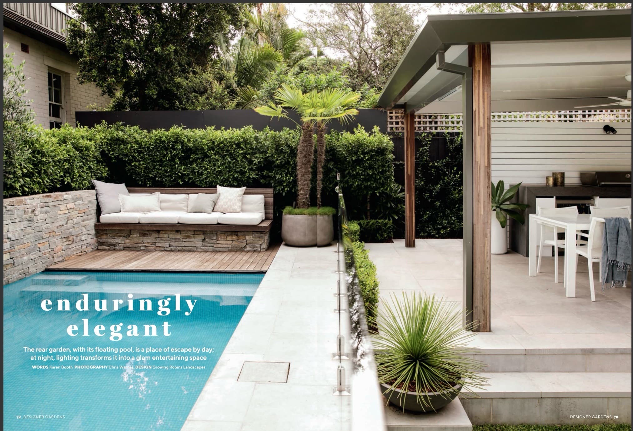 Growing Rooms' Clovelly garden in Designer Gardens, 2026 — opening spread, 'enduringly elegant' (pages 72 to 73)