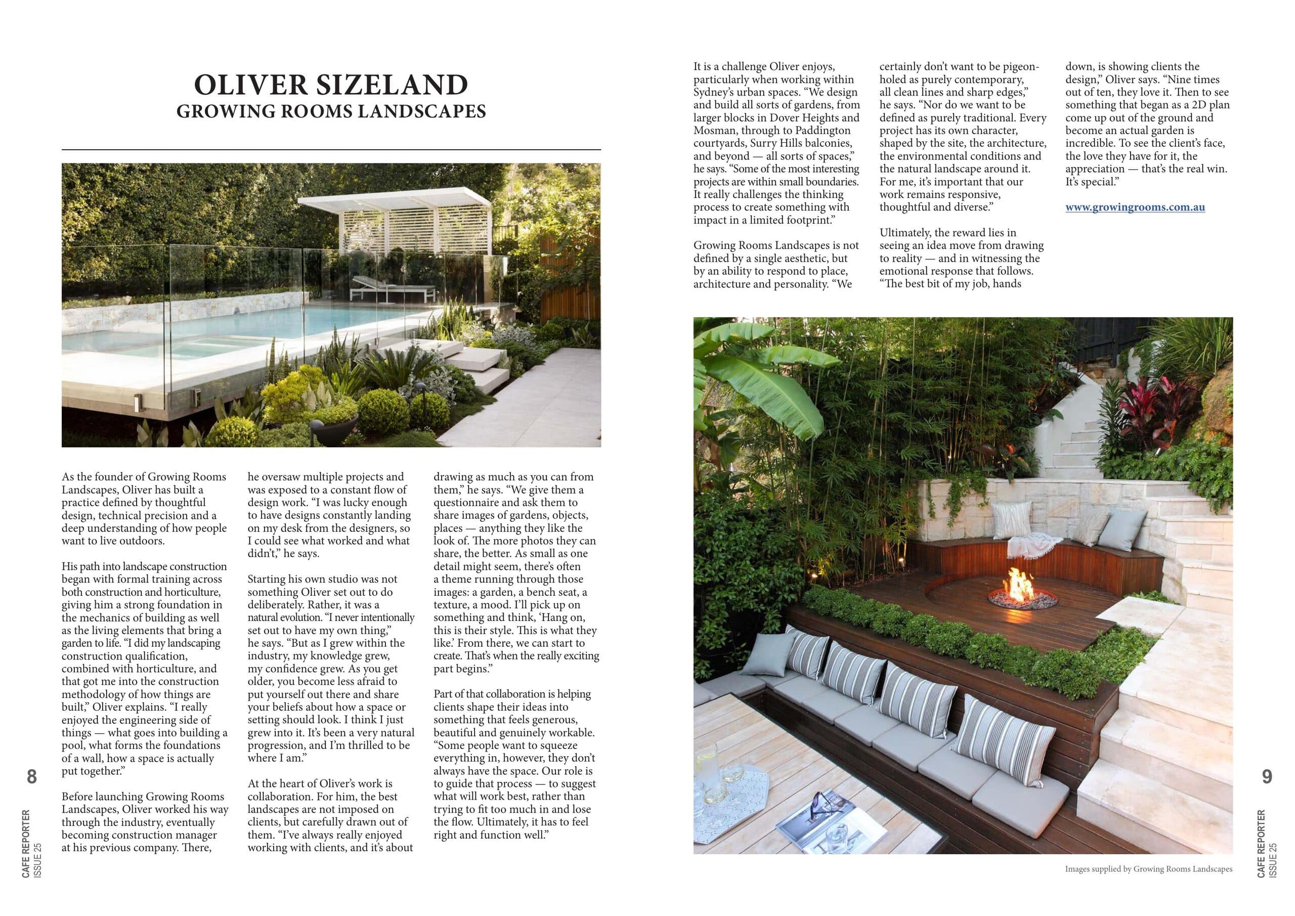 Cafe Reporter Issue 25 profile of Oliver Sizeland and Growing Rooms Landscapes on printed pages 8 and 9