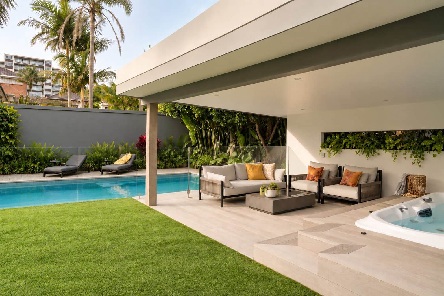 Pool, spa and covered cabana connected by pale paving and green lawn