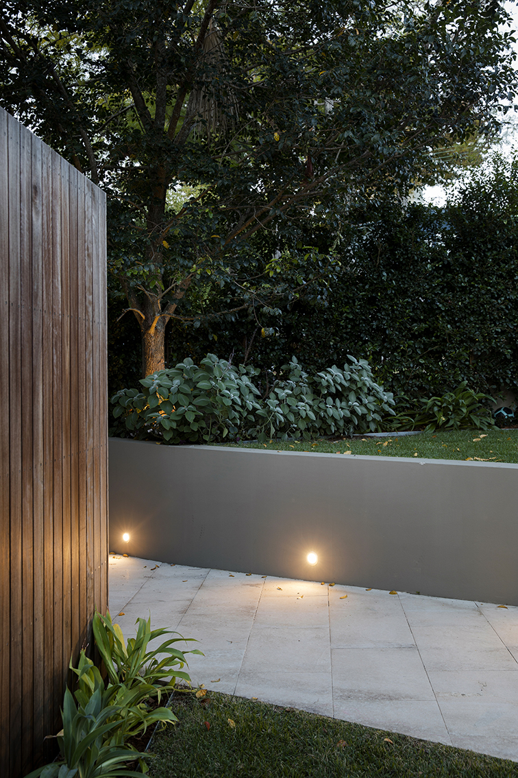 Hunters Hill material mix, timber, pavers and plants night