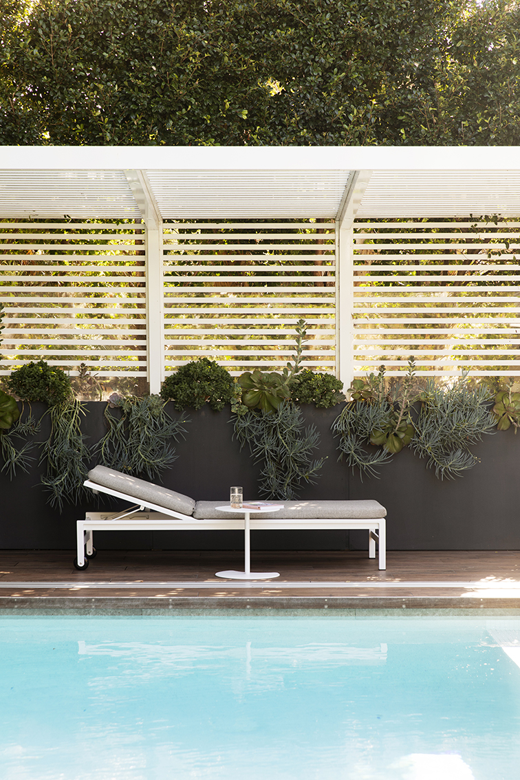 Maroubra Secluded Gem - pool - white pergola - timber look tiles - pool lounge - planters